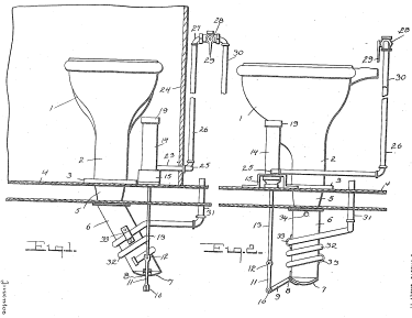 Patent drawing of a drop chute or hopper toilet dumping waste directly onto the tracks.