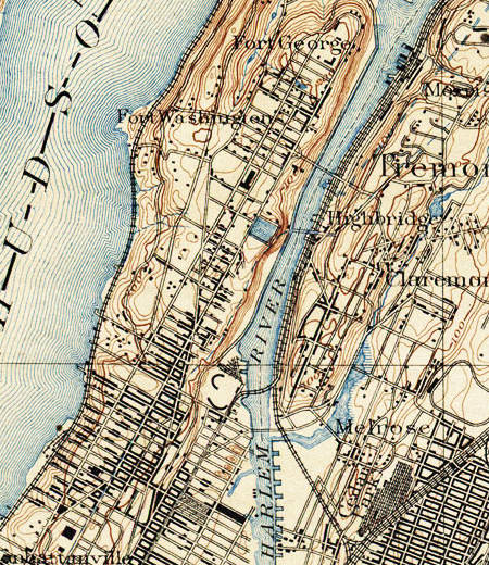 1889 topographical map of New York showing the Croton Aqueduct High Bridge connecting Bronx and Manhattan.