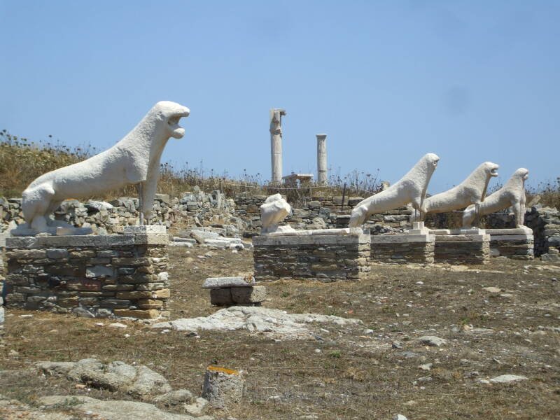 Lion statues on the Terrace of the Lions near the Sanctuary of Apollo on the sacred island of Delos.