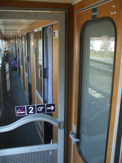 Corridor of EuroNight passenger train from Romania to Hungary.