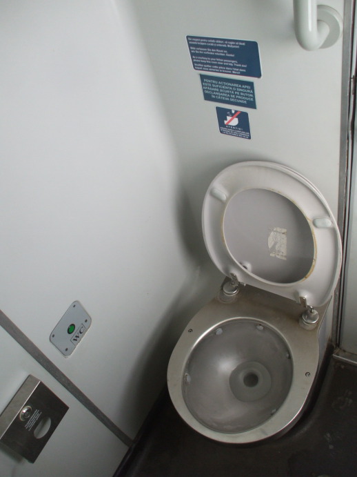 Toilet in the EuroNight passenger train from Romania to Hungary.