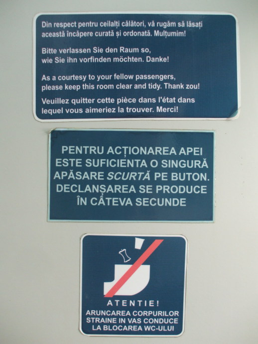 Sign in the washroom of EuroNight passenger train from Romania to Hungary.