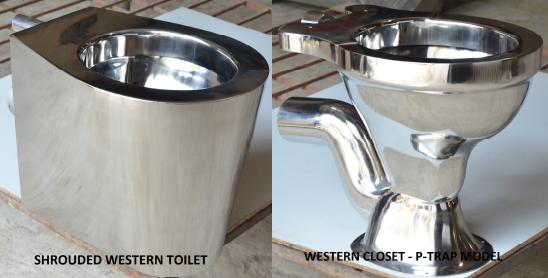 Stainless steel toilets from Fabrimech: shrouded western toilet and western closet with P-trap.