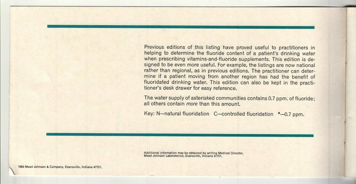 Mead Johnson 1964 booklet listing municipal water fluoridation.