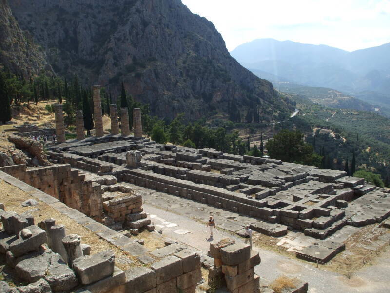 Temple of Apollo at Delphi, columns and the sacred chamber of the Pythia or Oracle.