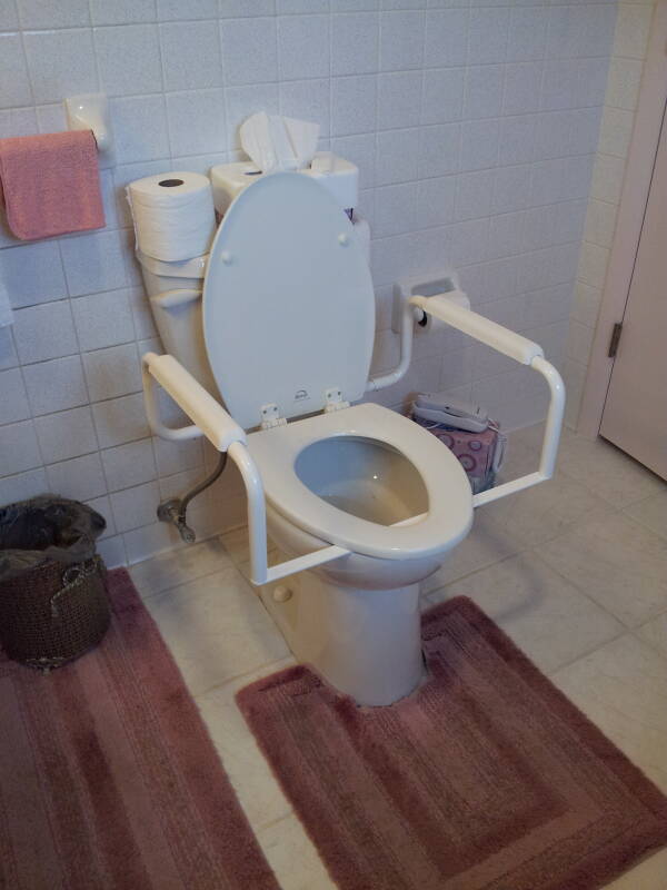 Assistive hand rails added to a home toilet, with the seat down.