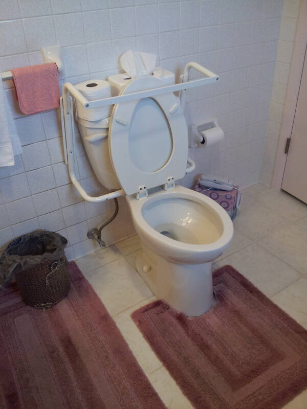 Assistive hand rails added to a home toilet, with the seat and hand rails raised.