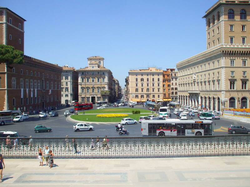 View from Monumento a Vittorio Emmanuelle II, also known as 'Mussolini's Typewriter', to the square overlooked by Mussolini's apartment and balcony.