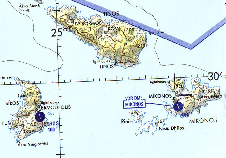 Aeronautical chart of the northern Aegean Sea, cropped to show Mykonos.
