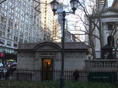 Nice public toilet in Midtown Manhattan in Bryant Park behind the 42nd Street main New York Public Library building.
