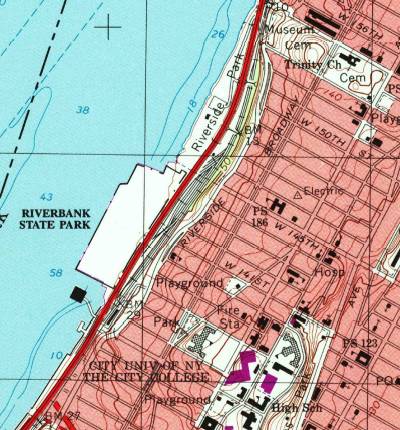 Map of northwestern Manhattan showing the Hudson River, the West Side Highway, the Amtrak lines, and the Riverbank State Park over the North River State Park.