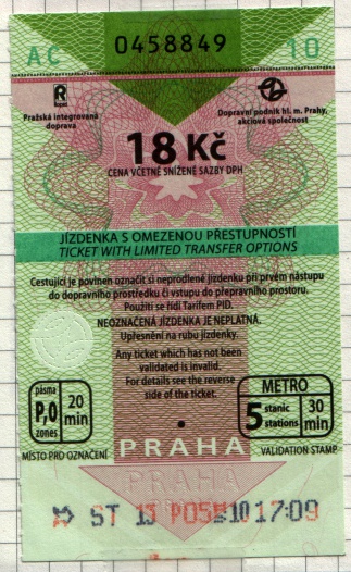 Metro ticket in Prague, Czech Republic.