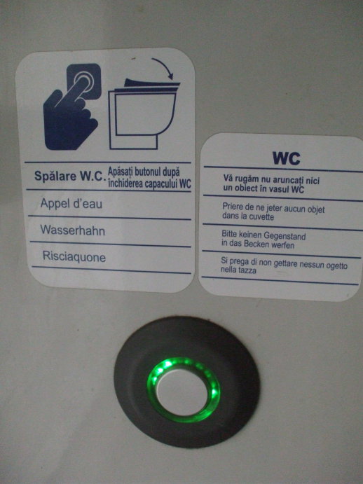 Toilet flush button and instructions in Romanian, French, German, and Italian, in the washroom on board a Romanian train from Bucharest to Suceava.
