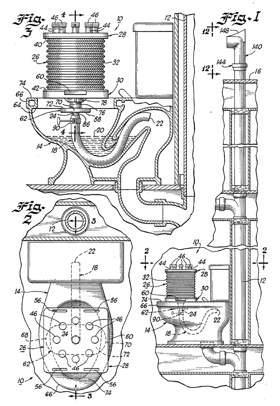 Cross-section diagram of a complicated toilet snorkel with a large bellows on the toilet bowl.