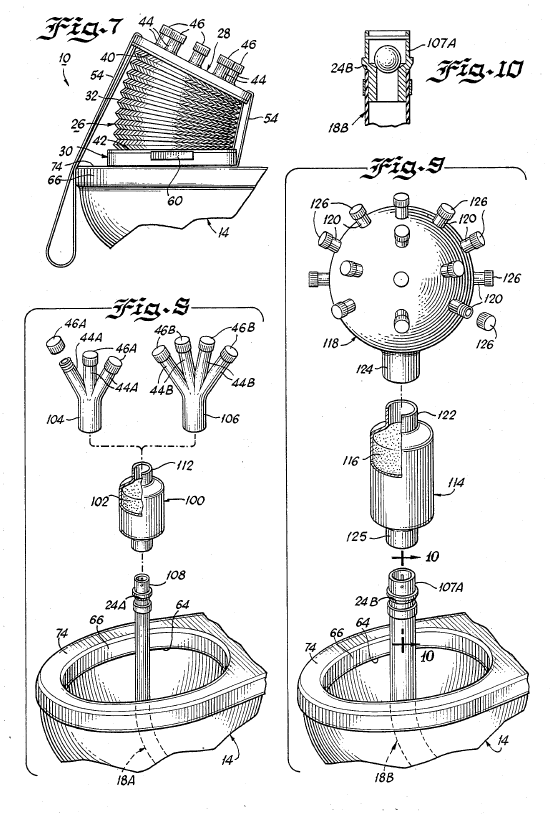 Cross-section diagram of a complicated toilet snorkel with a large bellows on the toilet bowl.