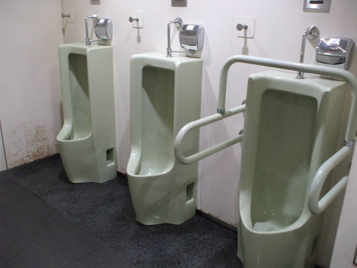 Large urinals in a warehouse at the port in Yokohama.