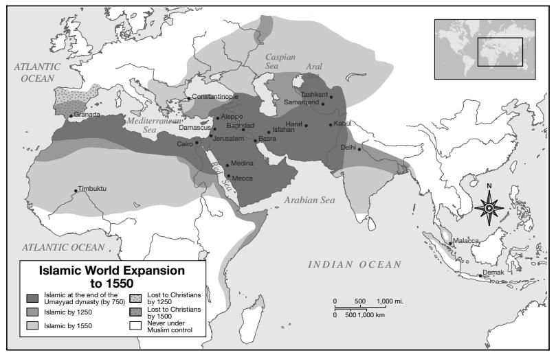 Islamic world expansion to 1550, from 'Encyclopedia of Islam and the Muslim World', https://ia801301.us.archive.org/33/items/EncyclopediaOfIslamAndTheMuslimWorld_411/EncyclopediaOfIslamAndTheMuslimWorld2volumes_editedByRichardC.martin2004ByMacmillan.pdf