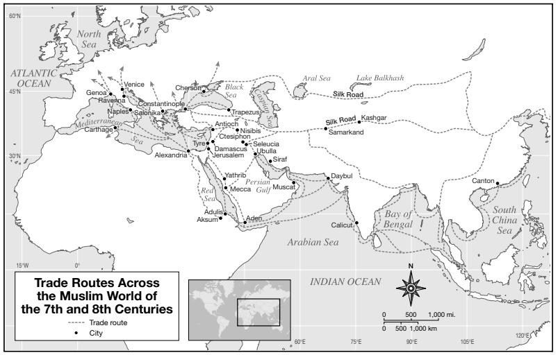 Trade routes across the Muslim world of the 7th and 8th centuries CE, from 'https://ia801301.us.archive.org/33/items/EncyclopediaOfIslamAndTheMuslimWorld_411/EncyclopediaOfIslamAndTheMuslimWorld2volumes_editedByRichardC.martin2004ByMacmillan.pdf'