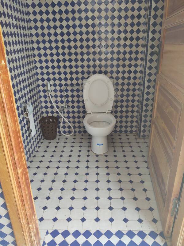 Toilet in the modern public restroom at Qubba el-Ba'adiyyin in Marrakech, Morocco.