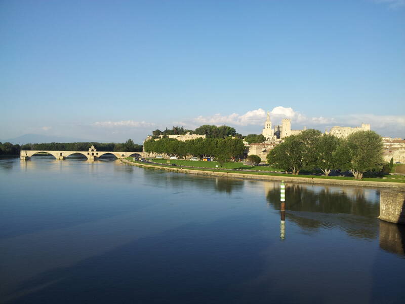 Rhône river, Pont d'Avignon, and Palace of the Popes in Avignon.