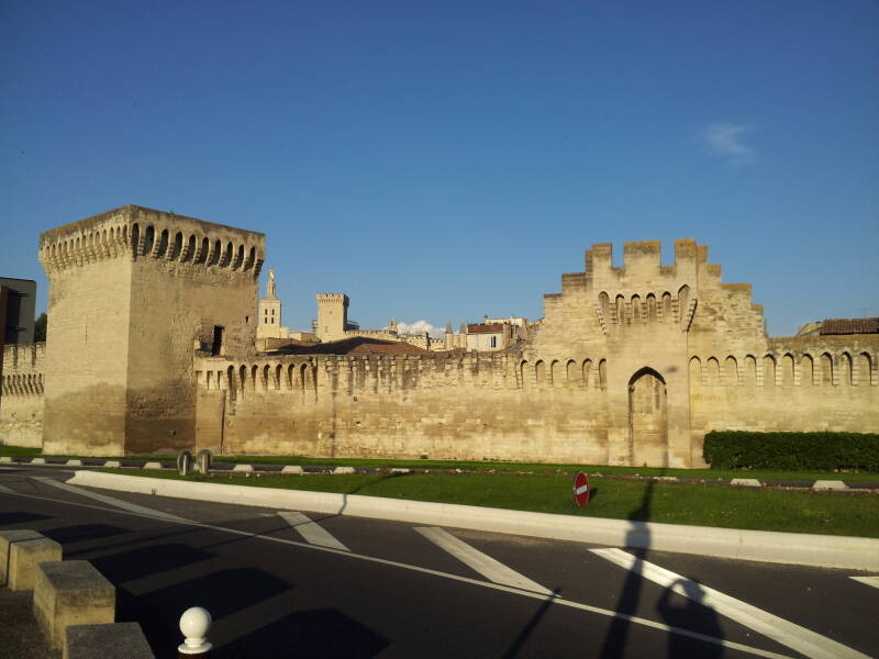 Old city walls and Palace of the Popes in Avignon.