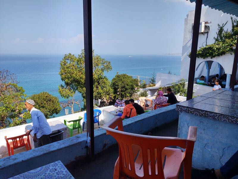 Overlooking the Strait of Gibraltar at Cafe Hafa in Tangier.