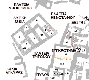 Portion of a map of prehistoric Akrotiri, from https://commons.wikimedia.org/wiki/File:PrehistoricAkrotiriMap.jpg
