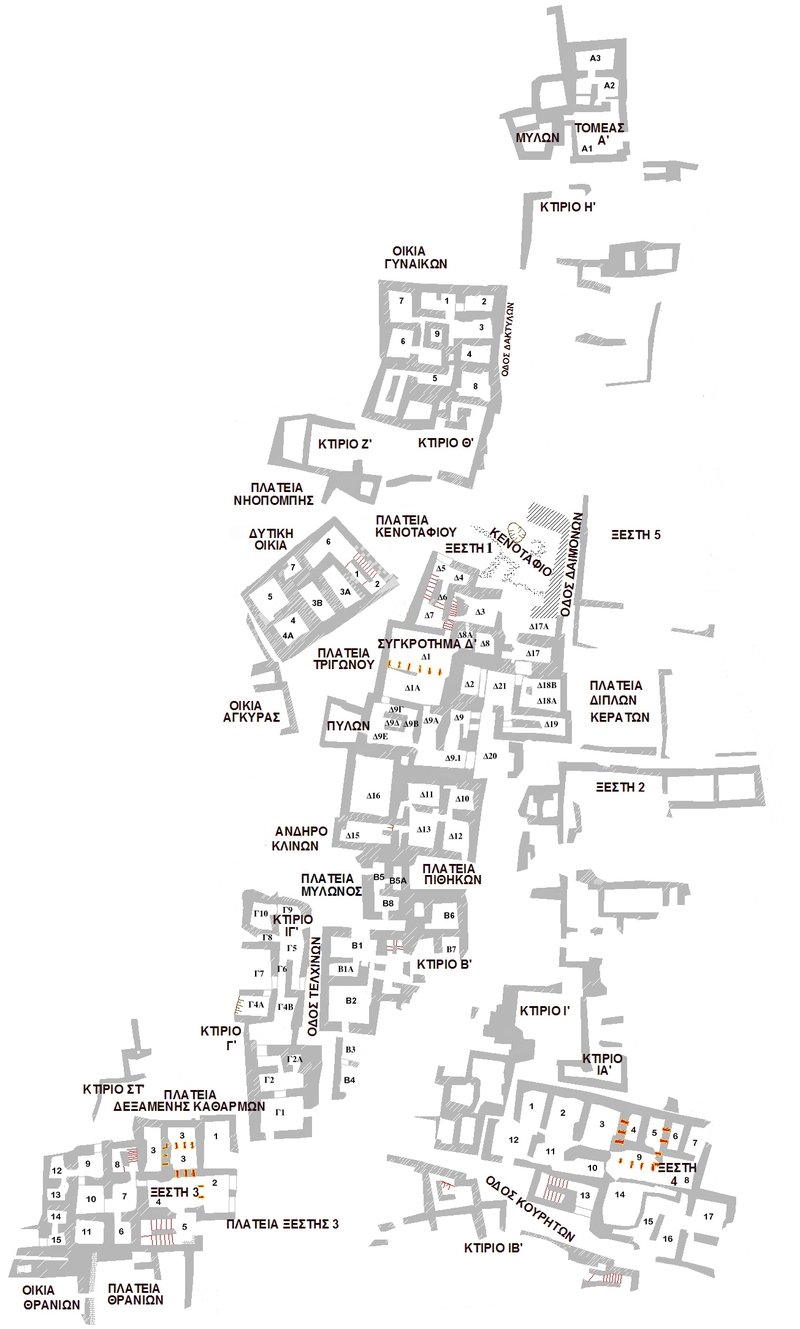 Map of prehistoric Akrotiri, from https://commons.wikimedia.org/wiki/File:PrehistoricAkrotiriMap.jpg