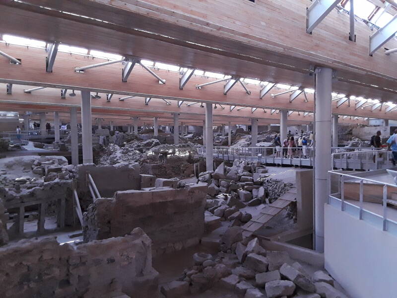 The shelter enclosing the ruins of the prehistoric city of Akrotiri on Santorini.