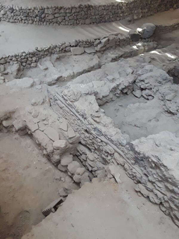 Water supply and sewage lines beneath the central street at Akrotiri in the archaeological museum in Fira on Santorini.
