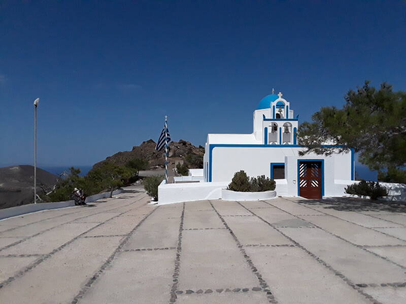 Church of the Prophet Elias along the caldera rim between Fira and Oia on Santorini.