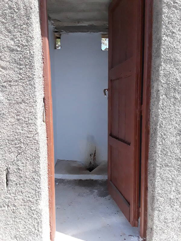 Squat toilets at the Church of the Prophet Elias along the caldera rim between Fira and Oia on Santorini.