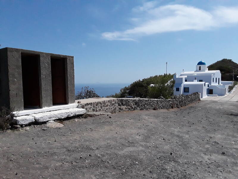 Squat toilets at the Church of the Prophet Elias along the caldera rim between Fira and Oia on Santorini.