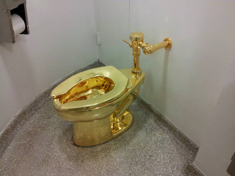 Solid gold toilet 'America' Fluxus artwork at the Guggenheim Museum in New York.