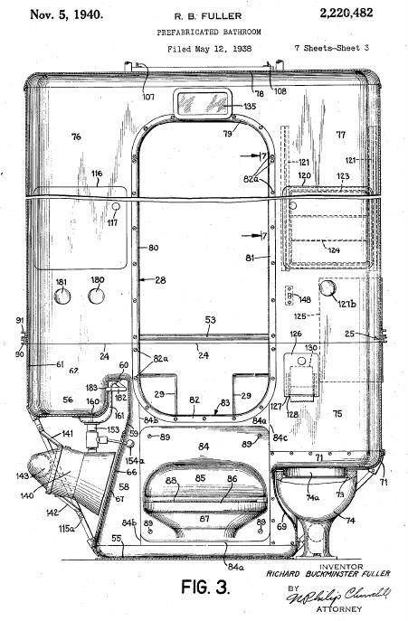 R. Buckminster Fuller's US Patent 2,220,482 for a prefabricated bathroom.