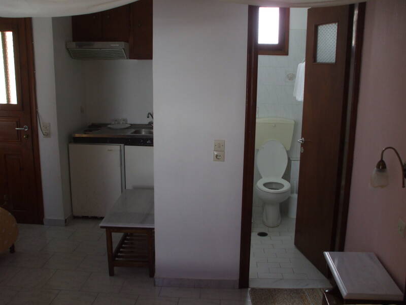 Kitchenette and toilet at Petros Pension, Fira, Santorini.