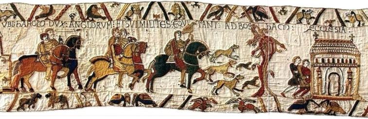 Panels 2 and 3 of Bayeux Tapestry showing people approaching the church at Harold's estate at Bosham.