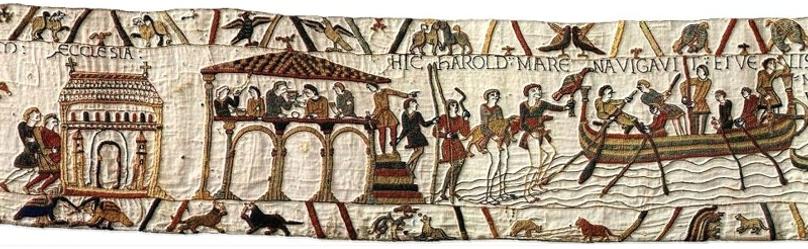 Panel 4 of Bayeux Tapestry showing the church and a feast at Harold's estate at Bosham, then his departure for France.