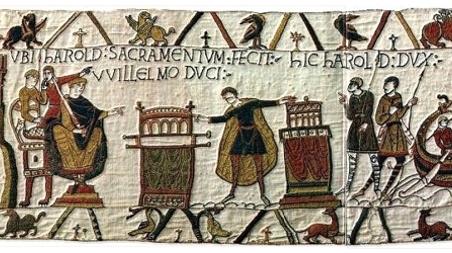 Panel 23 of Bayeux Tapestry Harold touching two reliquaries while making an oath to William.