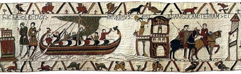 Panel 24 of Bayeux Tapestry showing Harold's return from France to his estate at Bosham.