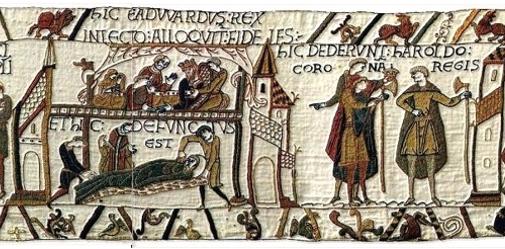 Panels 27-29 of Bayeux Tapestry showing Harold being crowned King of England