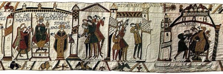 Panels 30-33 of Bayeux Tapestry showing Harold's coronation on 6 January 1066 and people marveling at Halley's Comet.