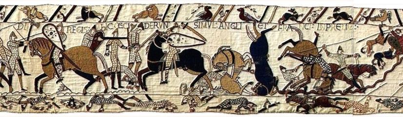 Panel 53 of Bayeux Tapestry showing the Battle of Hastings.