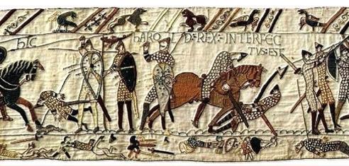 Panel 57 of Bayeux Tapestry showing the death of the English King Harold II.