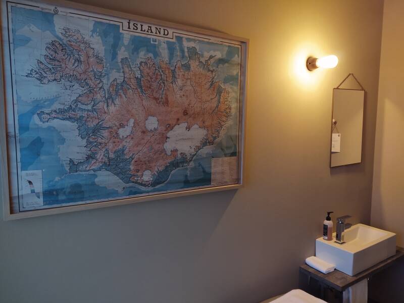 Map and sink at Siglunes Guesthouse in Siglufjörður.