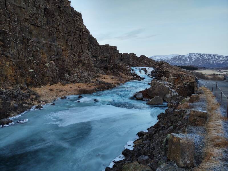 Partially frozen river at Þingvellir.