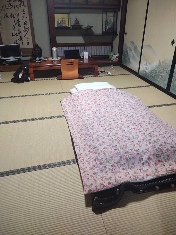 Futon ready for sleeping.