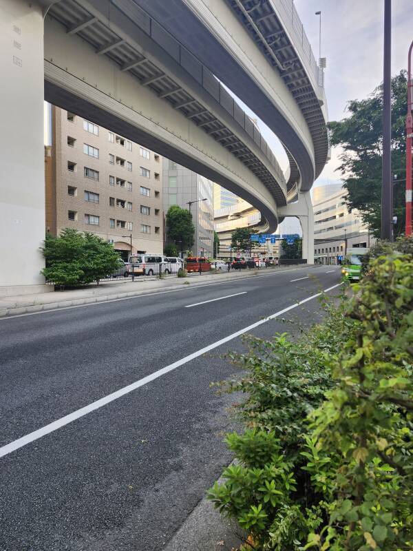 Walking underneath curving elevated expressways.