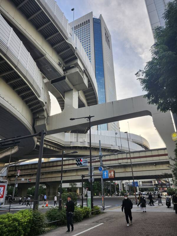 Walking underneath curving and branching elevated expressways and rail lines.