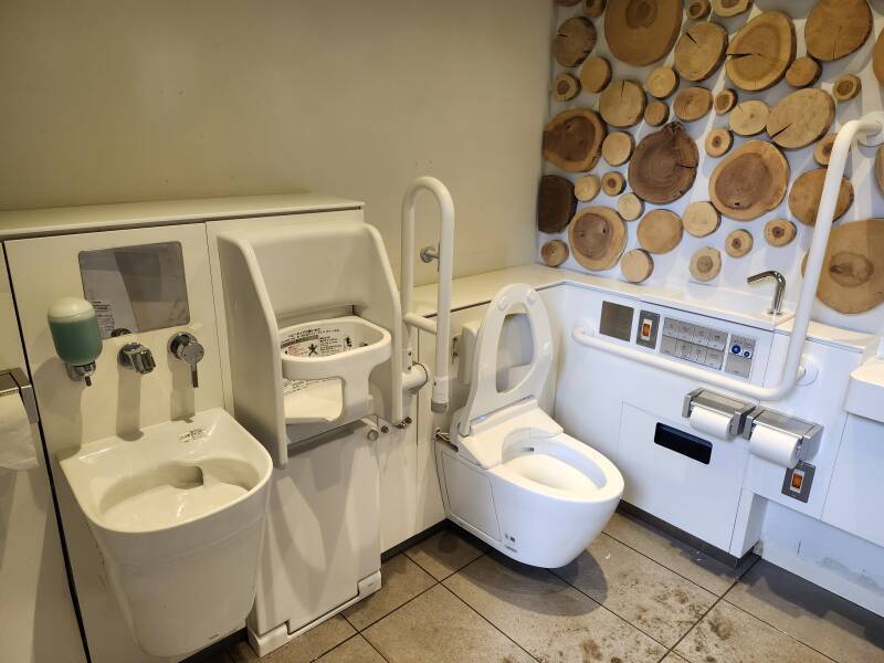 Ostomate fixture in wood-themed toilet at Nabeshima Shoto park in Shibuya, Tokyo, Japan.